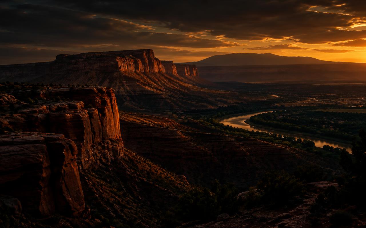 Desert mesas and canyons glowing at dusk near Grand Junction, Colorado