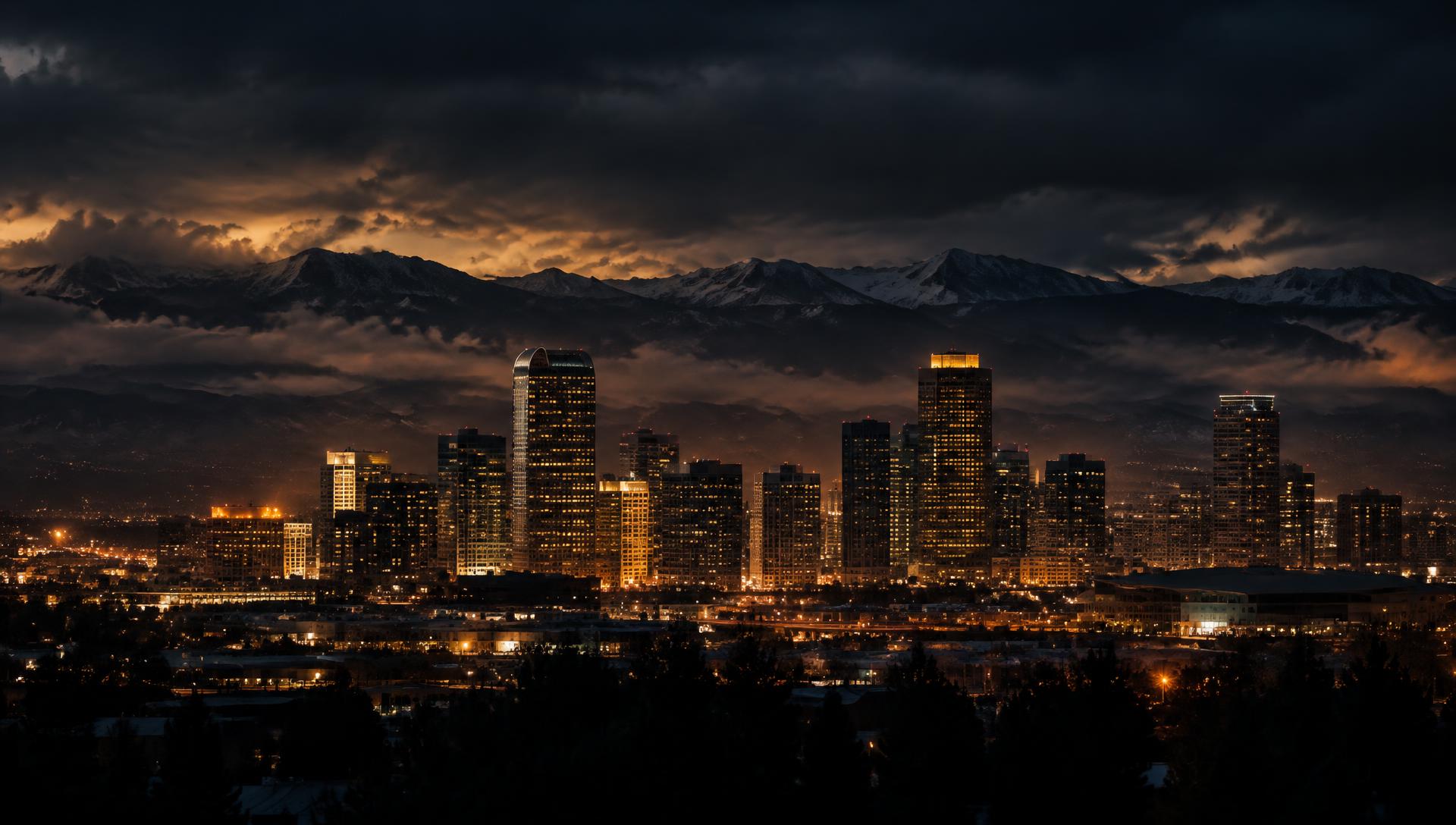 The Denver skyline at night beneath the Rocky Mountains